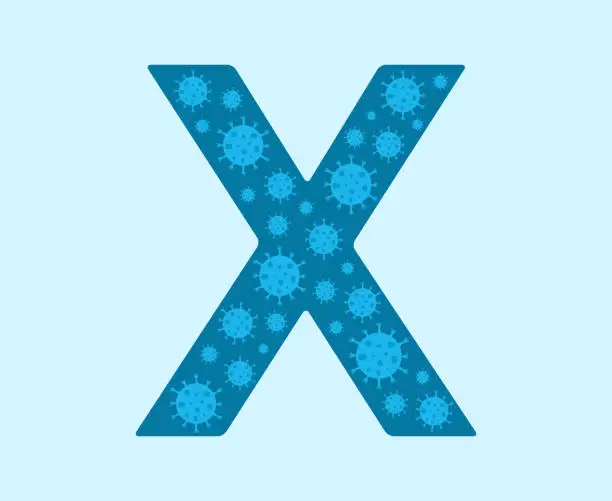 Vector illustration of New Mysterious X Disease. Letter X With Virus Cells On Blue Background