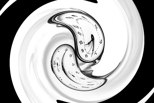 Creative image of melting alarm clocks in a bowl of cream in black and white