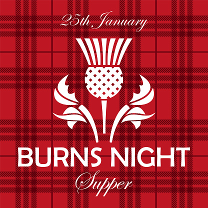 Burns night supper card with thistle on tartan background.