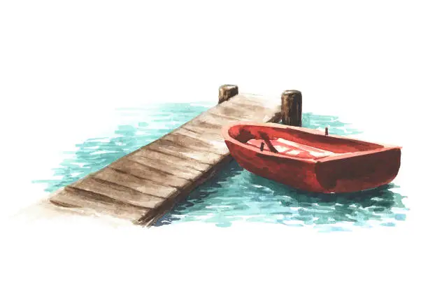 Vector illustration of Rowing boat near the pier. Hand drawn watercolor illustration,  isolated on white background