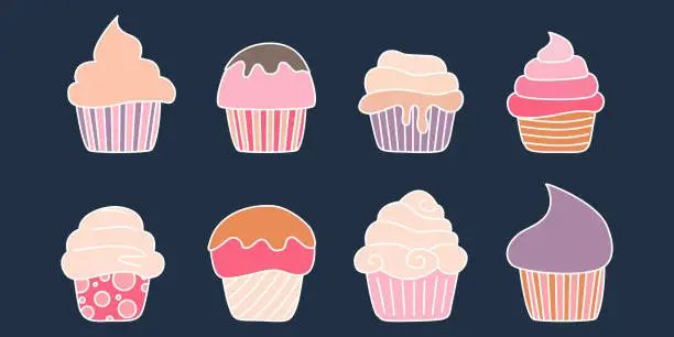 Vector illustration of Set of colored vector cupcakes. Sweet dessert