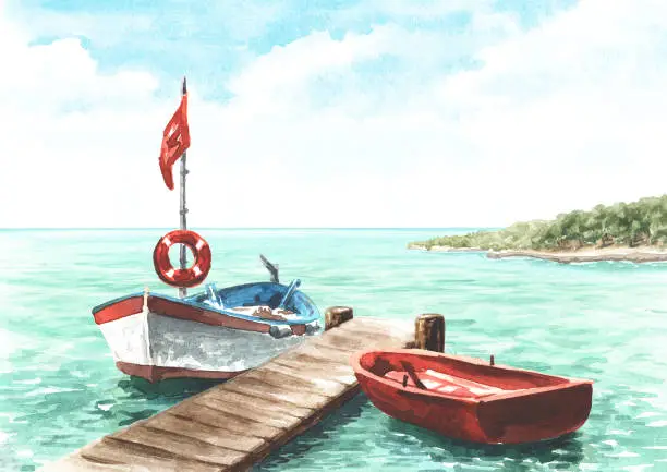 Vector illustration of Rowing boats near the pier. Hand drawn watercolor illustration