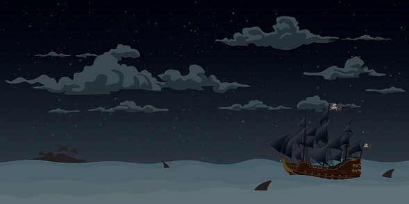 Pirate ship on the sea at night vector illustration.