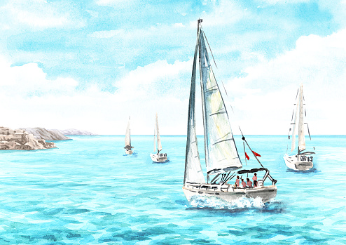 Sailboat, sailing yacht on the waves near the coastline. Hand drawn watercolor illustration
