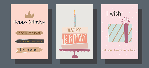Birthday card. Greeting card. Invitation. Save the date. Festive decor. Cake, cupcake, candles, balloons, gifts