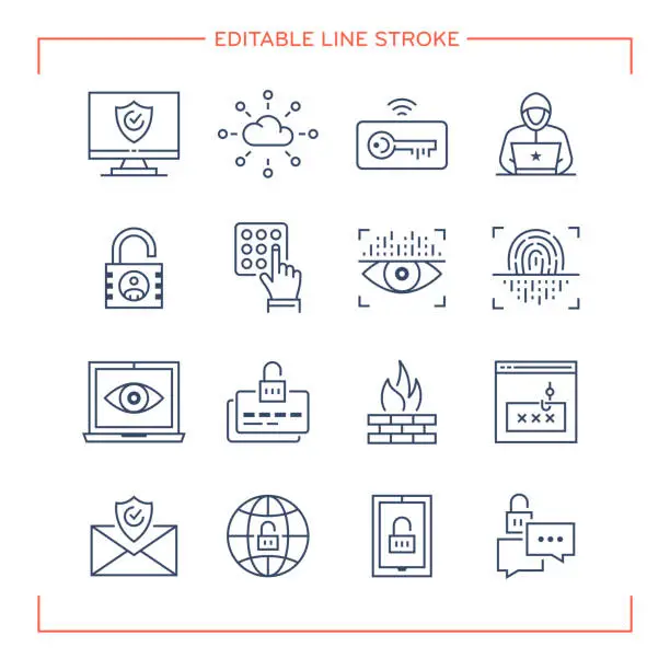 Vector illustration of Editable Line Icons for Cybersecurity