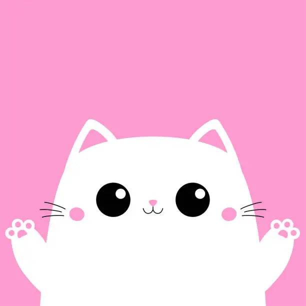 Vector illustration of White cat holding paw print up. Cute head face silhouette icon. Cartoon kawaii baby character. Pink little nose, ears. Big eyes. Pet animal. Funny kitten. Sticker print. Flat design. Pink background.
