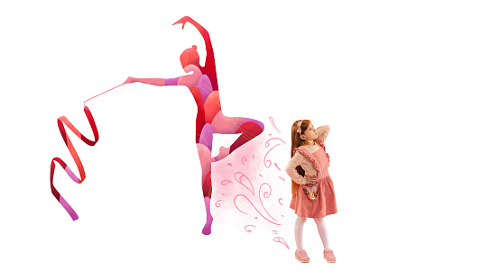 Little girl and silhouette of rhythmic gymnast dancing. Kid dreaming of becoming gymnast in future. Contemporary art collage. Concept of childhood dreams, fantasy, future. Creative conceptual design