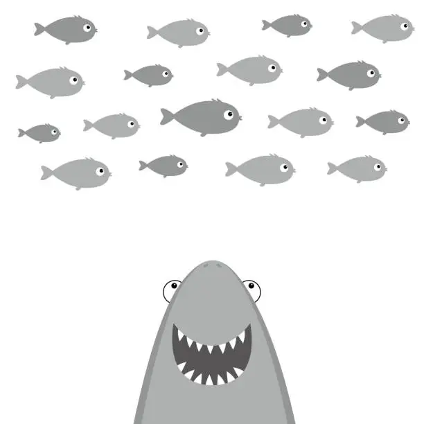 Vector illustration of Shark head face with big open mouth and sharp teeth. Fish set. Cute cartoon kawaii animal character. Sea ocean wild animal. Baby card. Sticker print template. Flat design. White background