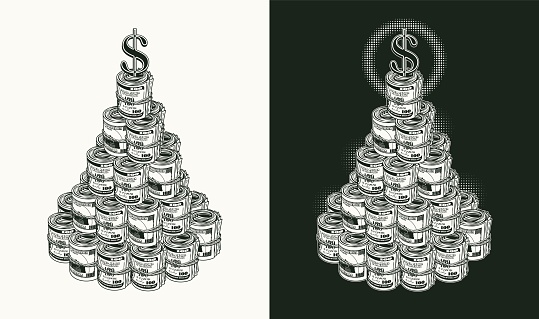 Money tower, pyramid like cake made of money rolls of 100 US dollar bills. Dollar sign on top, falling coins. Concept of success and wealth. Monochrome vector illustration.