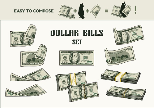 Set of 100 dollar bills with obverse and reverse side. Stacks, wads of cash money, bent, folded, twisted banknotes. Vintage style. Colorful detailed vector illustration on white background.