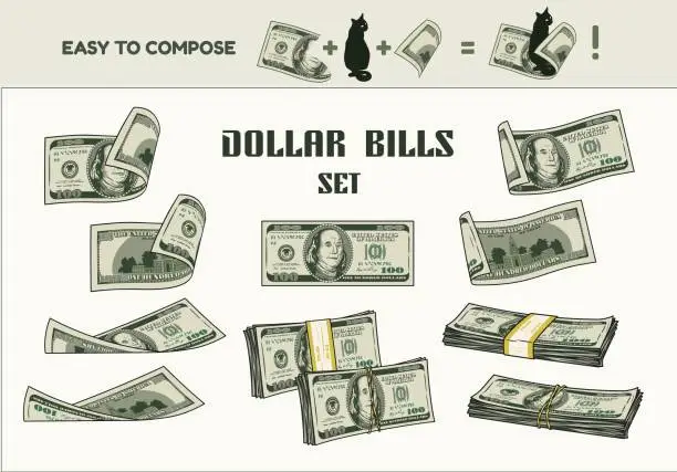 Vector illustration of Set of 100 dollar bills, stacks, wads.