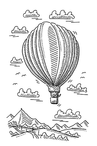 Hand-drawn vector drawing of a Hot Air Balloon Over Mountains. Black-and-White sketch on a transparent background (.eps-file). Included files are EPS (v10) and Hi-Res JPG.