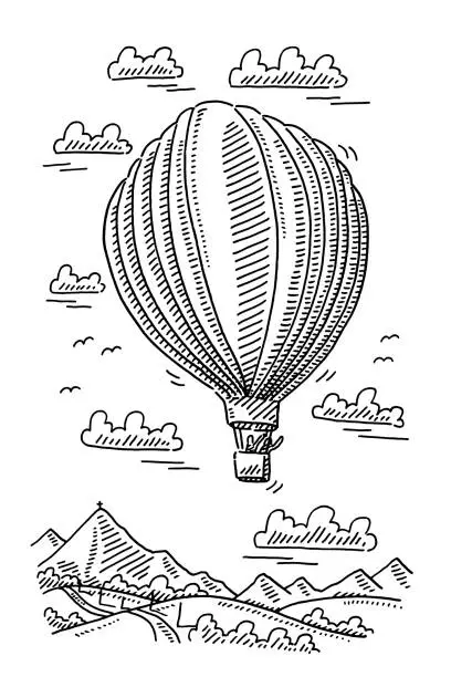 Vector illustration of Hot Air Balloon Over Mountains Drawing