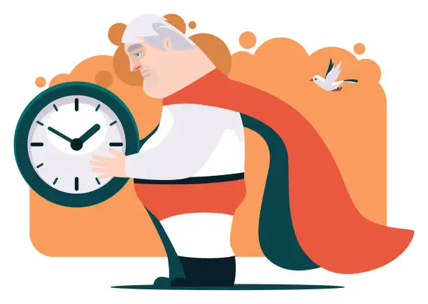 Vector illustration of tired senior superhero holding clock and thinking