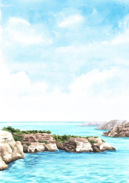 ilustrações, clipart, desenhos animados e ícones de sea cliff, coastal rocks, hand drawn watercolor illustration and background - illustration and painting stone beach cliff