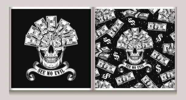 Vector illustration of Seamless pattern, label with skull, money, pile of 100 dollar bills, dollar sign. Creative interpretation of Three wise monkeys concept. Text See no evil, mouth full of cash. Corruption concept