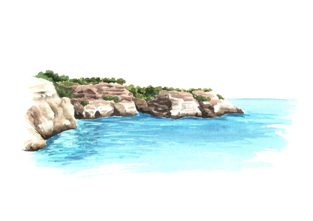ilustrações, clipart, desenhos animados e ícones de sea cliff, coastal rocks. hand drawn watercolor illustration  isolated on white background - illustration and painting stone beach cliff