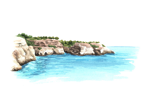 Sea cliff, Coastal rocks. Hand drawn watercolor illustration  isolated on white background