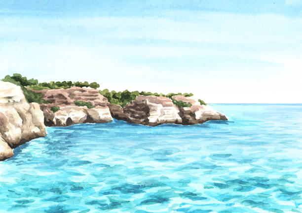 ilustrações, clipart, desenhos animados e ícones de sea cliff, coastal rocks. hand drawn watercolor illustration and background - illustration and painting stone beach cliff