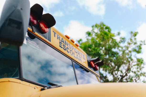 A flashing stop sign on a school bus is activated, indicating students are loading or unloading the bus.