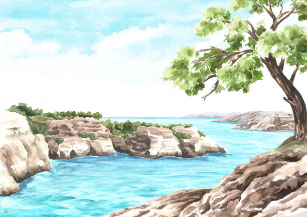 ilustrações, clipart, desenhos animados e ícones de sea cliff, coastal rocks. hand drawn watercolor illustration, and background - illustration and painting stone beach cliff