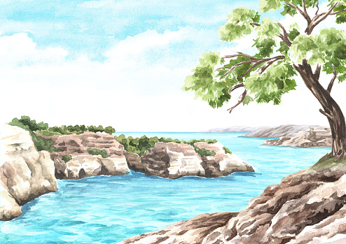 Sea cliff, Coastal rocks. Hand drawn watercolor illustration, and background