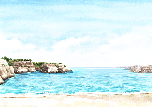 Seascape, blue lagoon.Tropical beach with sea and  blue sky, summer vacation concept and background. Hand drawn watercolor illustration
