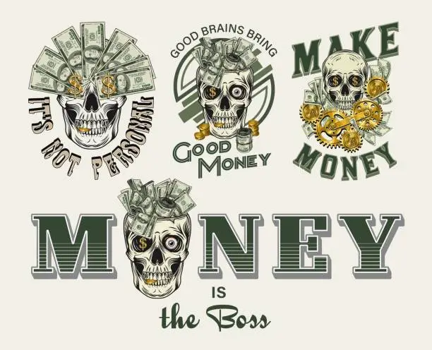 Vector illustration of Set of money vintage labels with skull, text