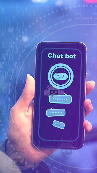 Close up hand chat with chatbot on mobile app.