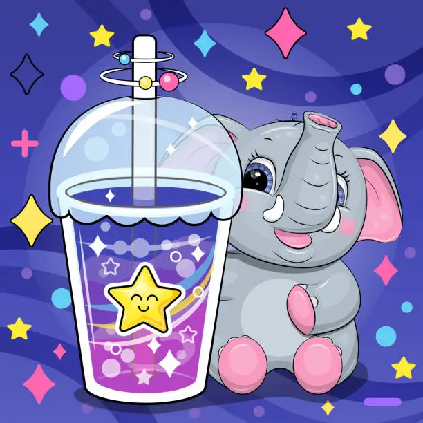 Vector illustration of A cute cartoon elephant is holding a big drink.