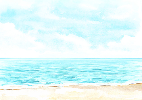 Seascape.Tropical beach with sea and  blue cloudy sky, summer vacation concept and background. Hand drawn watercolor illustration