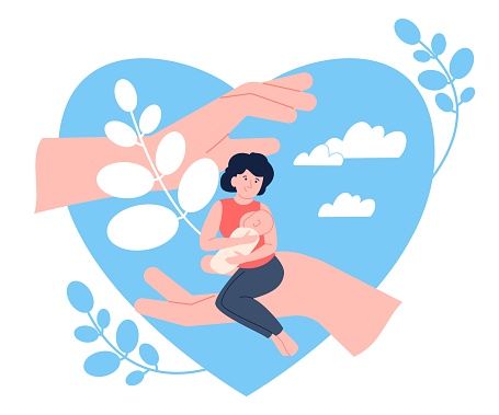 Motherhood support and care concept. Woman with newborn under protection. Carefree happy parenthood, safe mother and child recent vector scene of motherhood care support illustration