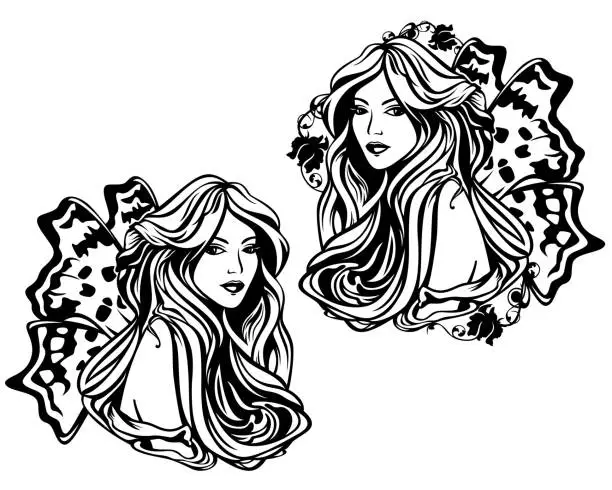 Vector illustration of black and white vector portrait of fairy tale nymph woman with rose flowers and butterfly wings