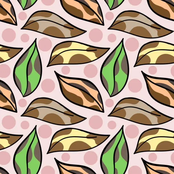 Vector illustration of Hand drawn spotted green and brown rotting leaves seamless pattern