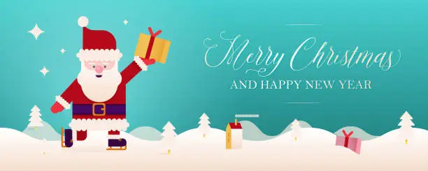 Vector illustration of Vector Illustration Modern Flat of Cheerful Skating Santa Claus with Gift on the Snow Covered Landscape. Merry Christmas and Happy New Year Web Banner. Greeting Card Concept.