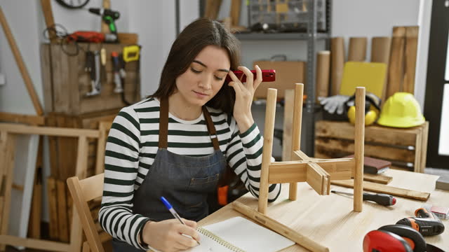 A focused young woman meticulously sketches plans in a carpentry workshop surrounded by tools.