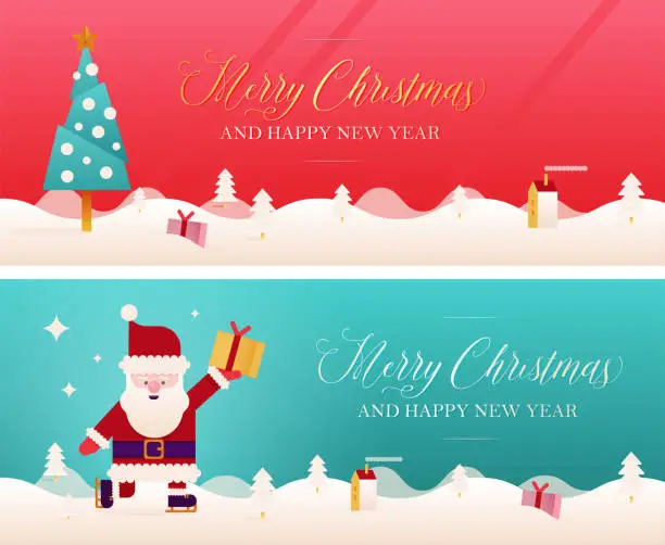 Vector illustration of Set of Modern Flat Vector Illustration of Skating Santa Claus with Gift and Christmas Tree on the Snow Covered Landscape. Merry Christmas and Happy New Year Web Banner. Greeting Card Concept.