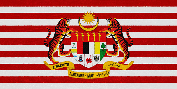 Flag and coat of arms of Malaysia on a textured background. Concept collage.