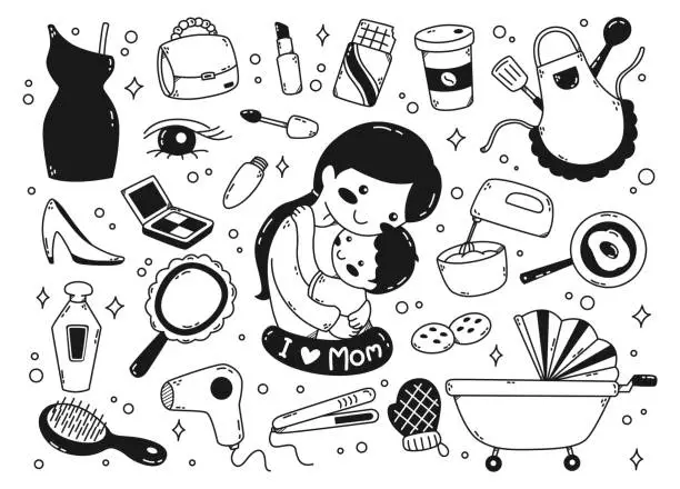 Vector illustration of Set of Mother Related Object Doodles Vector Illustration