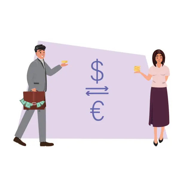 Vector illustration of Dynamic young brokers navigate currency exchange. Business people in currency exchange
