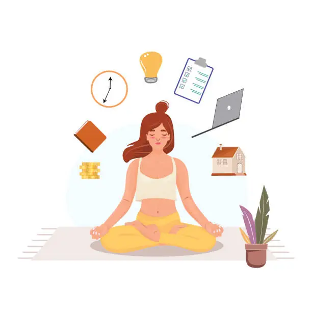 Vector illustration of Woman in lotus pose meditating and preparing for the day. Multitasking and balancing lifestyle.