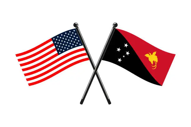 Vector illustration of national flags of Papua New Guinea and Usa crossed on the sticks