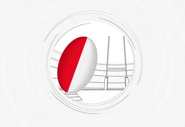 Vector illustration of Monaco flag on rugby ball, lined circle rugby icon with ball in a crowded stadium.