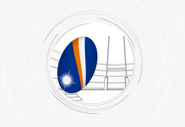 Vector illustration of Marshall Islands flag on rugby ball, lined circle rugby icon with ball in a crowded stadium.