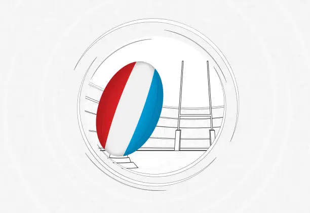 Vector illustration of Luxembourg flag on rugby ball, lined circle rugby icon with ball in a crowded stadium.