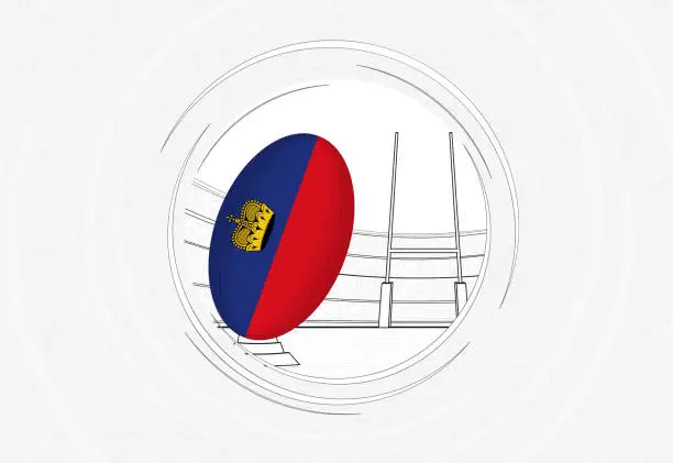 Vector illustration of Liechtenstein flag on rugby ball, lined circle rugby icon with ball in a crowded stadium.