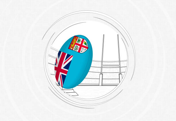 ラグビーボールにフィジーの国旗、混雑したスタジアムでボールが描かれたサークルラグビーアイコン。 - rugby fiji ball rugby ball点のイラスト素材／クリップアート素材／マンガ素材／アイコン素材