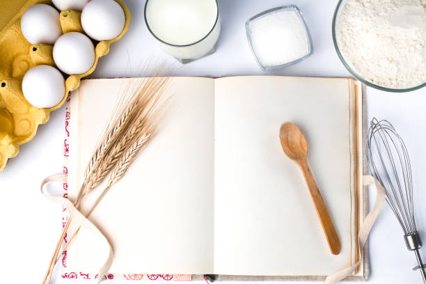 istock Blank vintage recipe book and ingredients for dough on the kitchen table. Close-up. Copy space. Top view. 1959792576
