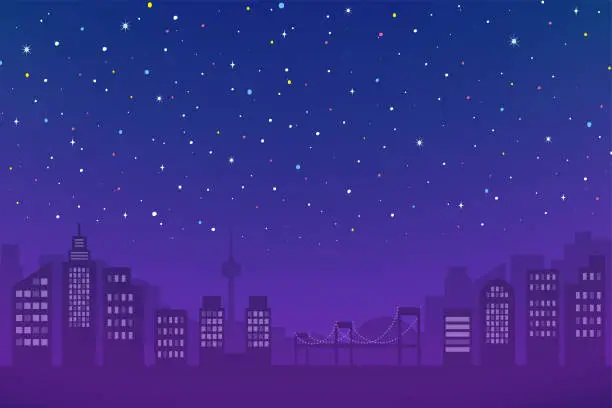 Vector illustration of Background vector illustration of a night view of the city and a starry sky.